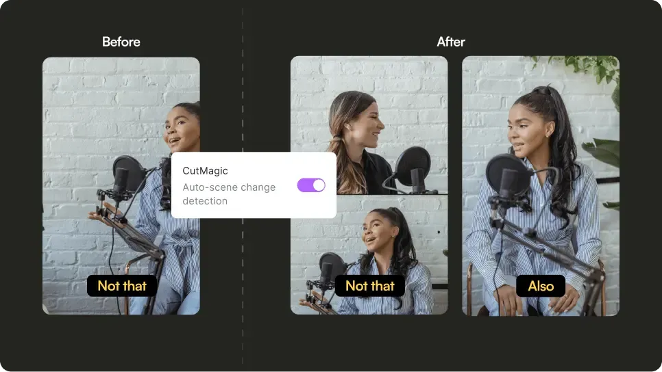 quso CutMagic reframes a landscape interview into two perfectly-framed vertical clips with captions