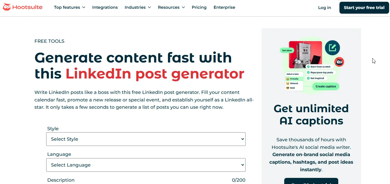 hootsuite ai linkedin caption generator