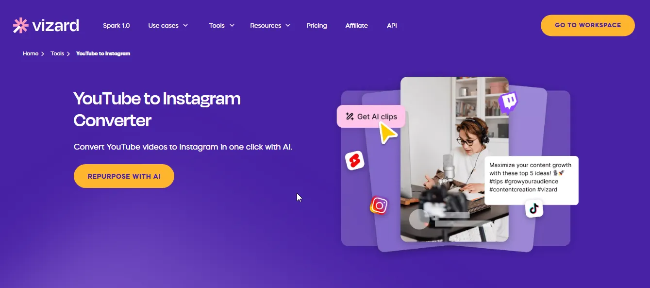 vizard ai youtube to instagram reel converter