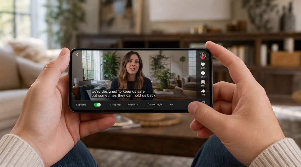 A person holding a smartphone horizontally displaying TikTok settings to enable or customize video captions.