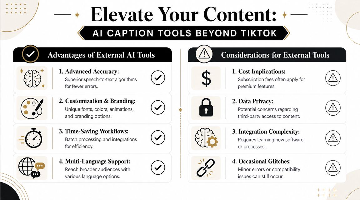 A comparison chart outlining the advantages and considerations of using external AI tools for video captioning.