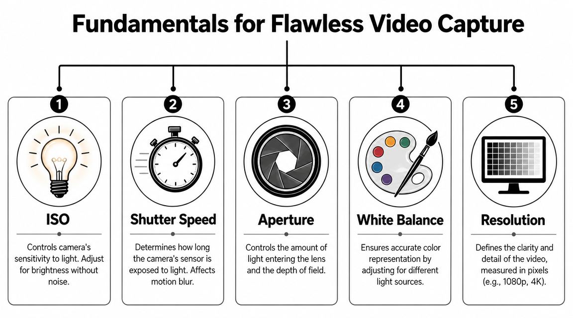 An infographic detailing five key camera settings for professional video capture: ISO, Shutter Speed, Aperture, White Balance, Resolution.