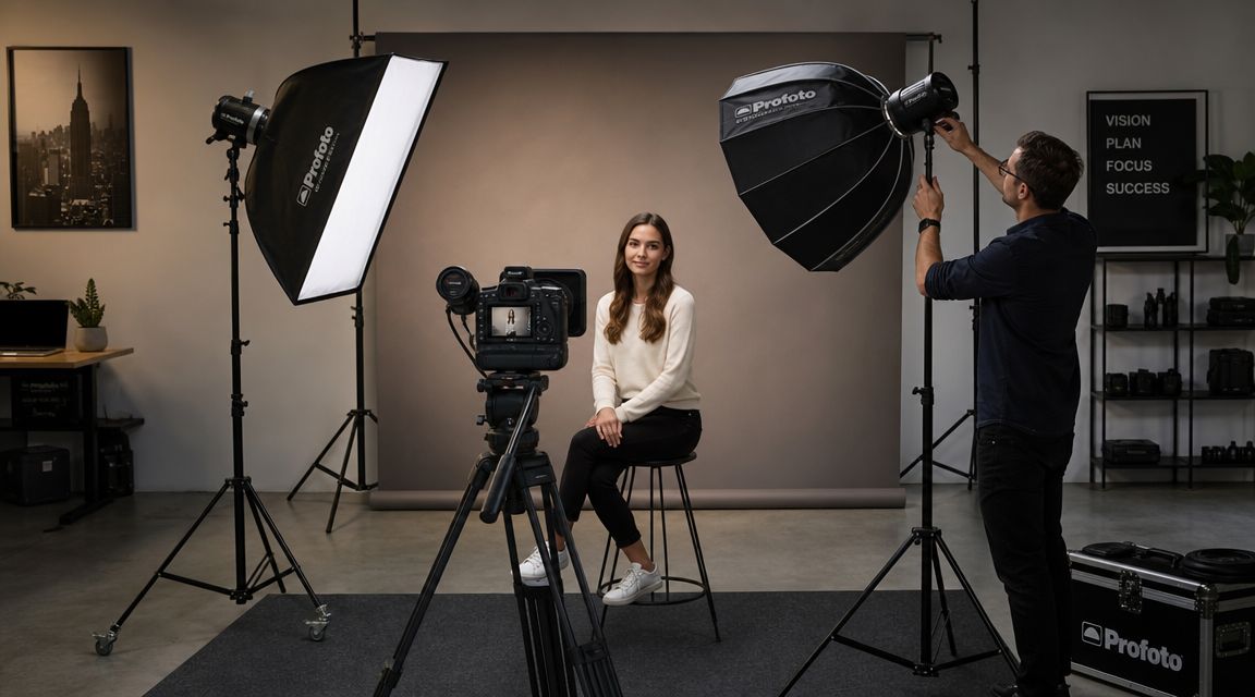 A professional photographer adjusts a lighting softbox while a model poses for a studio video portrait.