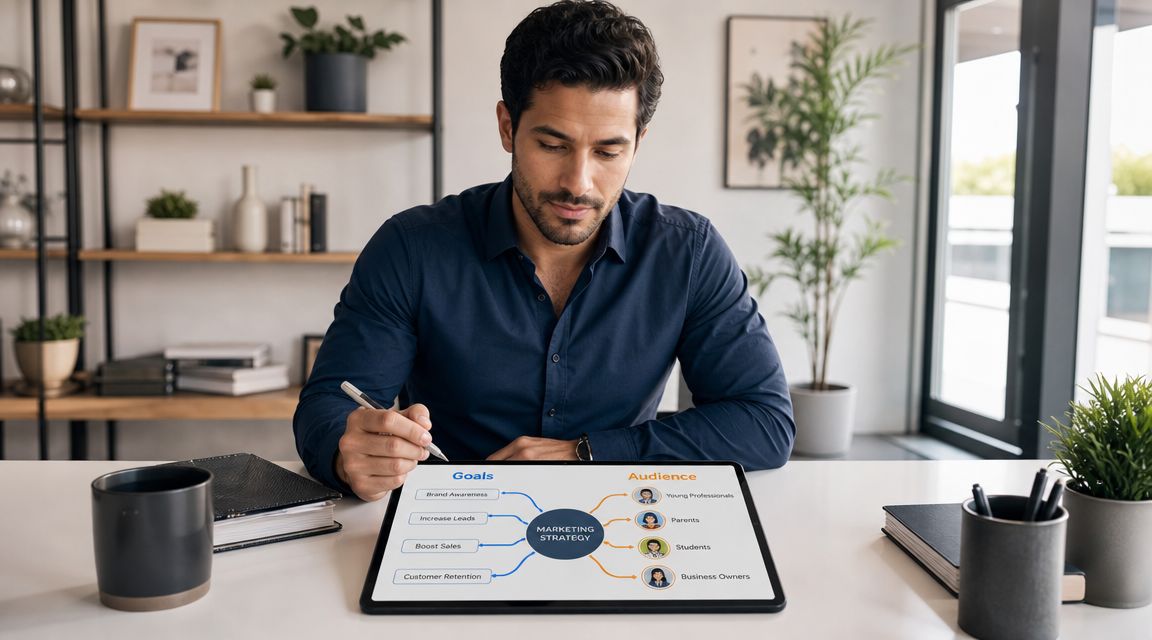 A professional man sitting at a desk reviewing a marketing strategy plan on his tablet device.