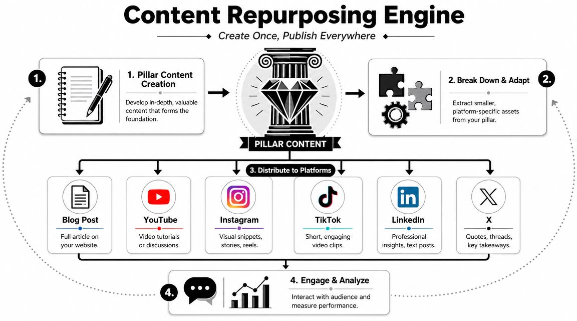 A diagram of a content repurposing engine showing a workflow from pillar content to platform distribution.