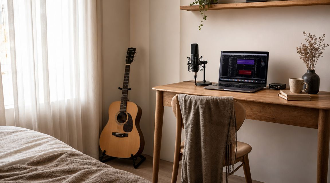 A minimalist home studio featuring an acoustic guitar, laptop with music software, microphone, and coffee cup.