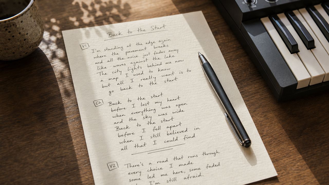 A handwritten song lyrics sheet titled Back to the Start resting on a wooden desk near a piano.