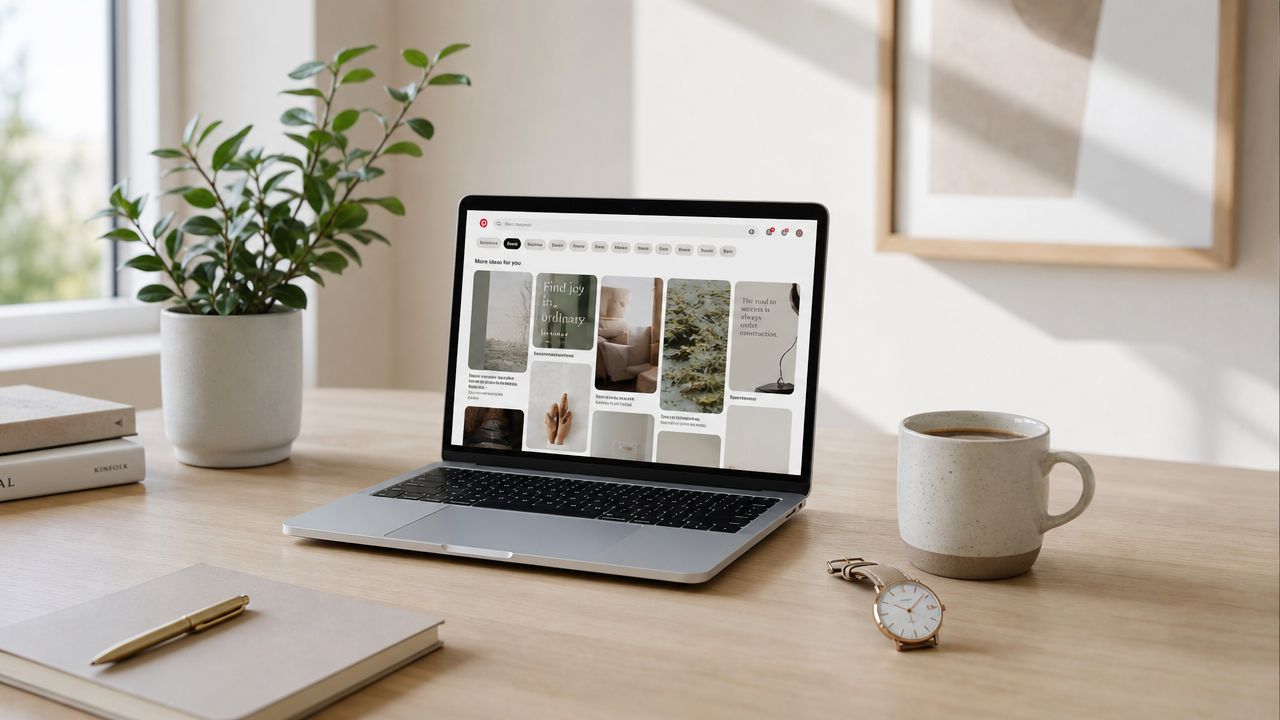 A modern, aesthetic workspace featuring a laptop open to Pinterest, a potted plant, a coffee mug, and a watch.