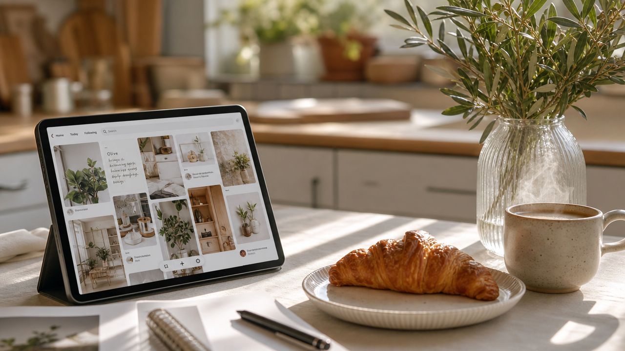 A digital tablet displaying a Pinterest page on a kitchen table with a croissant and coffee.