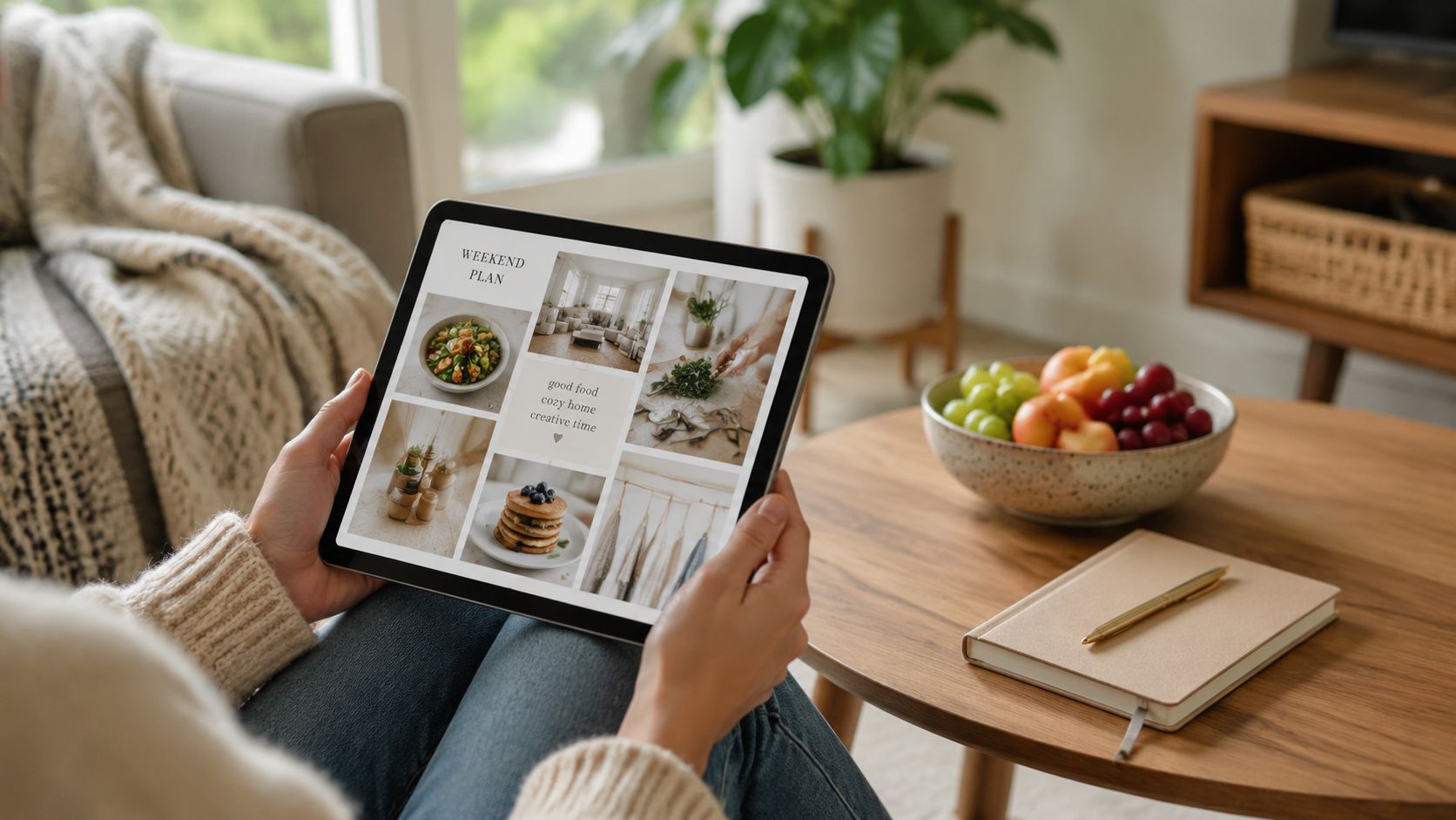 A person sitting on a sofa holding a digital tablet displaying a lifestyle mood board collage.
