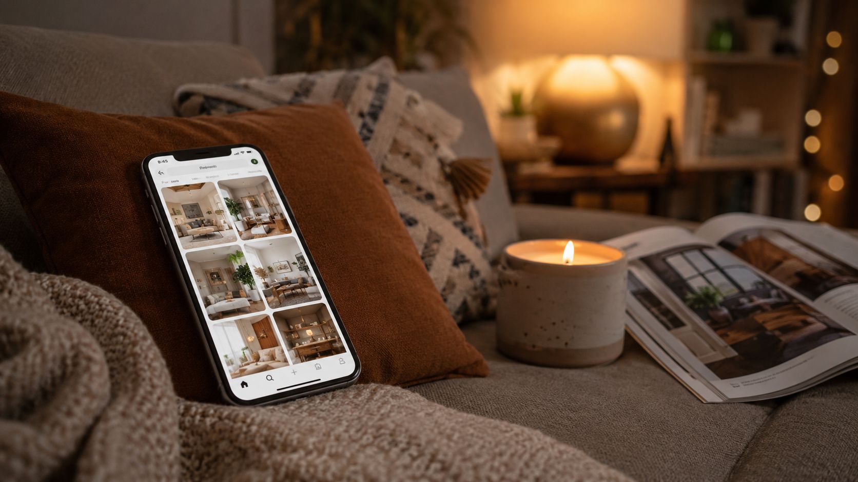 A smartphone displaying a Pinterest feed on a cozy sofa next to a burning candle and magazine.