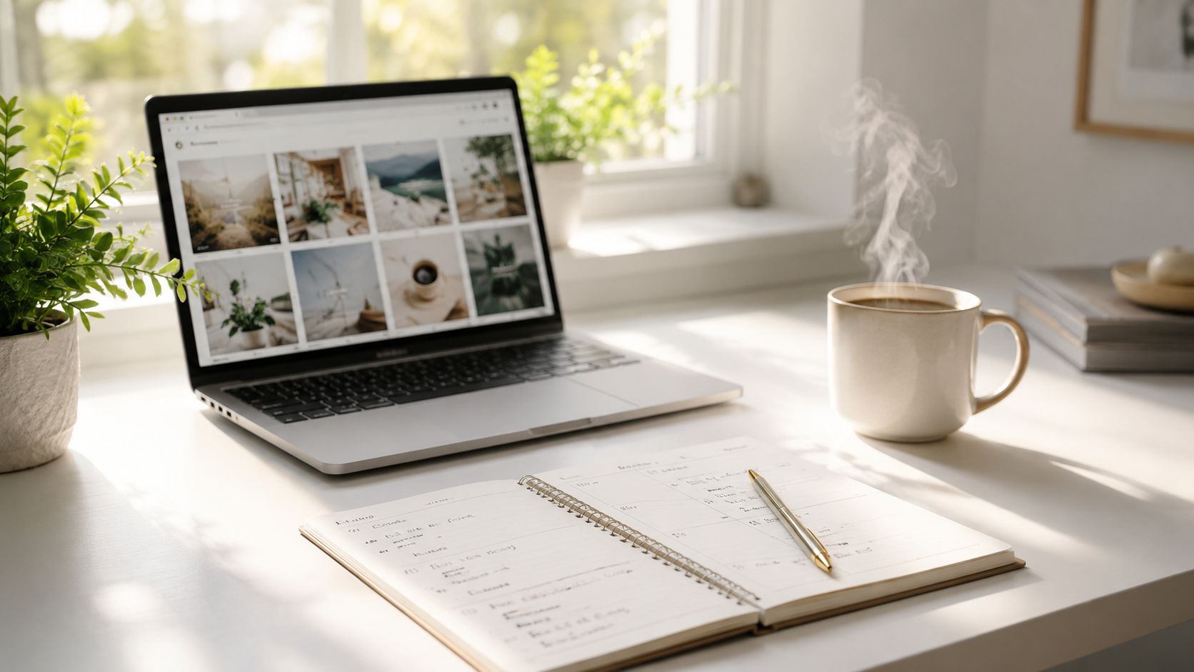 A laptop showing a Pinterest feed next to a steaming cup of coffee and a planner.