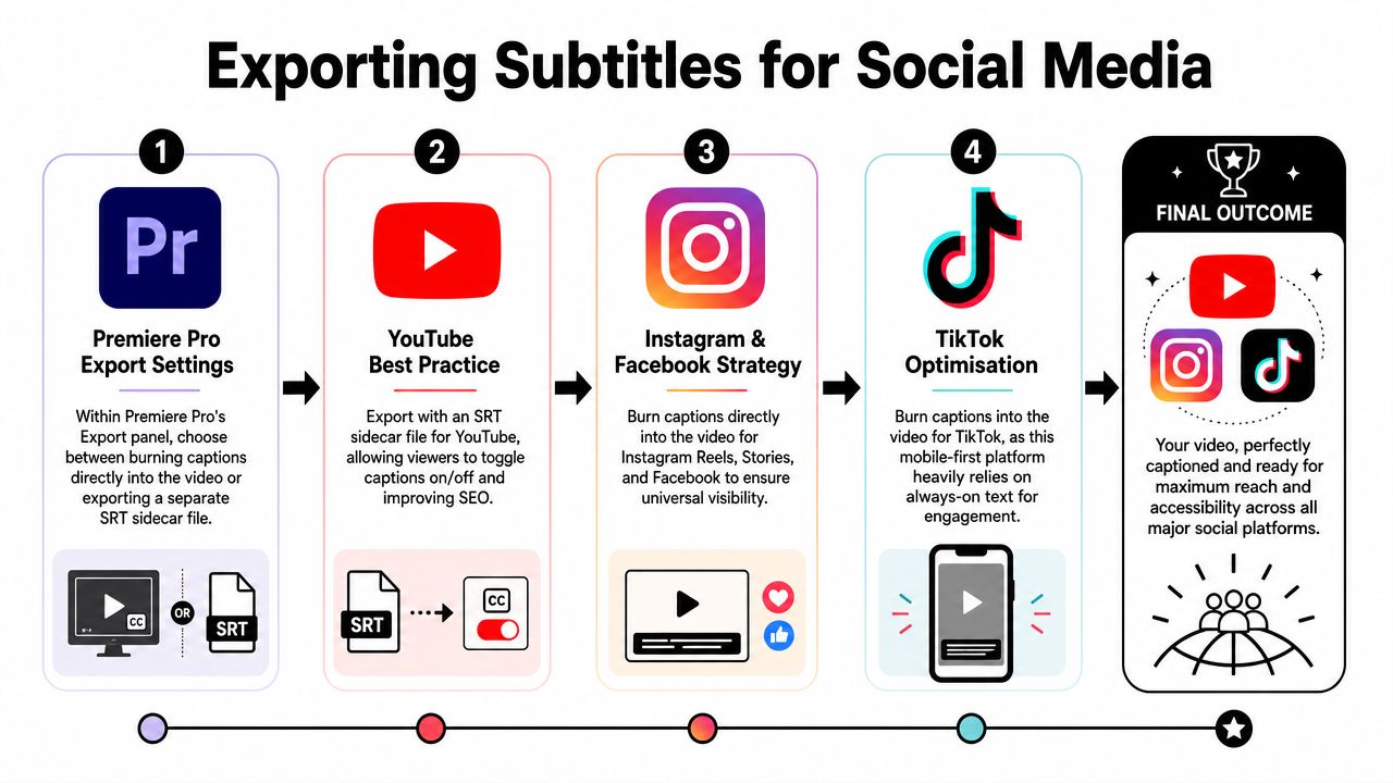 An infographic showing steps to export and optimize video subtitles for Premiere Pro and social media platforms.