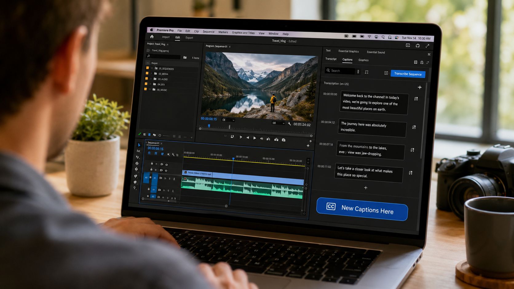 A person editing a travel vlog in Adobe Premiere Pro on a laptop with auto-generated captions visible.
