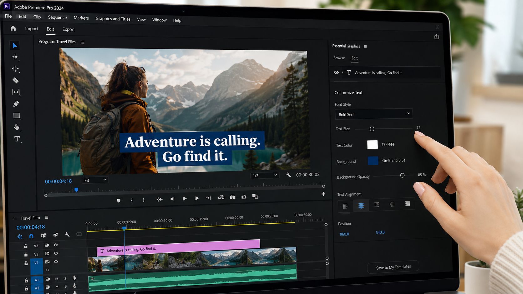 A hand using Adobe Premiere Pro software to edit text and subtitles on a video project timeline.
