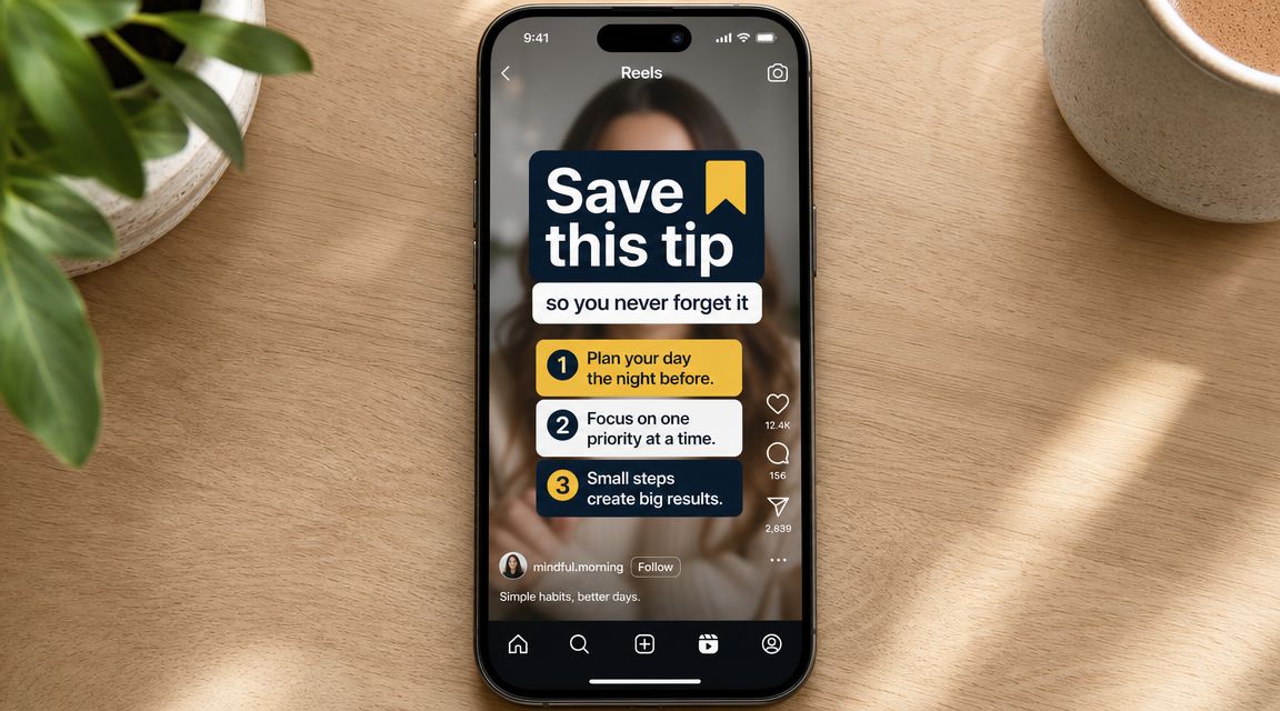 A smartphone screen displaying an Instagram Reel with tips for productivity on a light wooden background.
