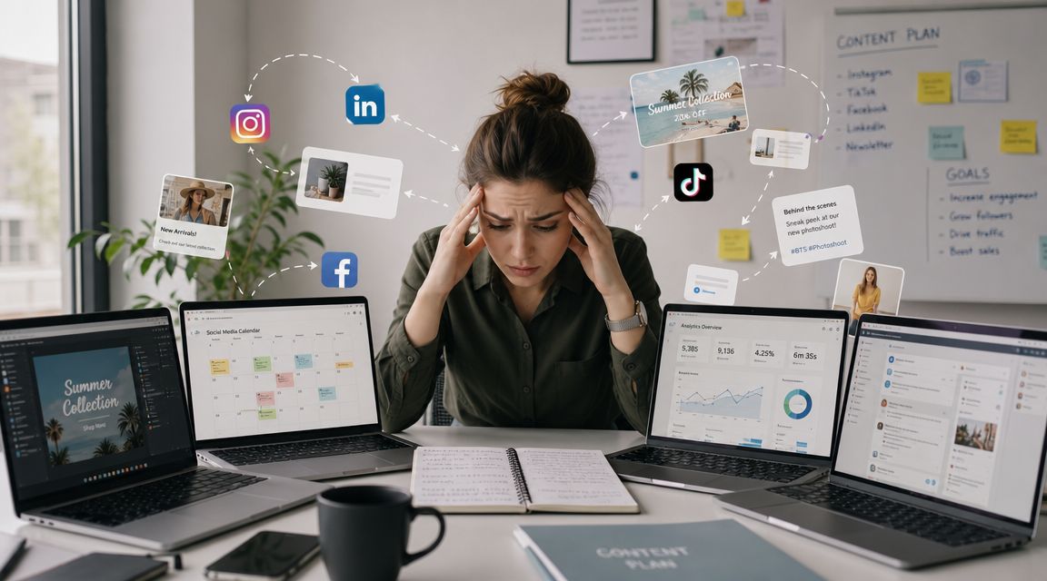 A stressed woman working on multiple laptops and surrounded by scattered digital social media content icons.