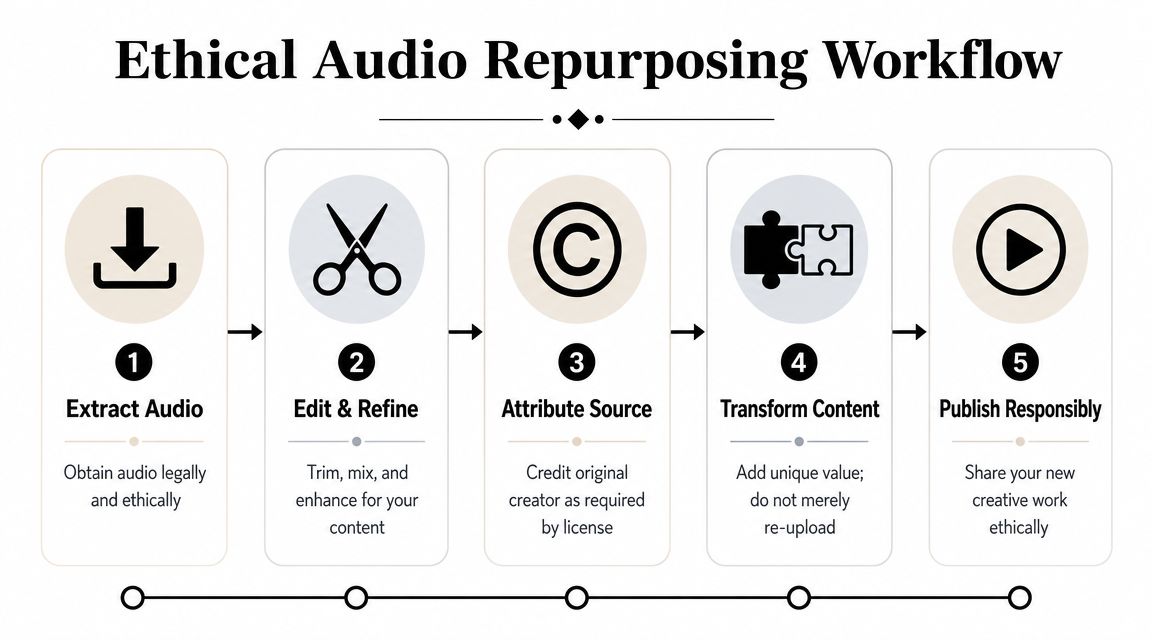 A flowchart titled Ethical Audio Repurposing Workflow showing five steps to ethically repurposing audio content.