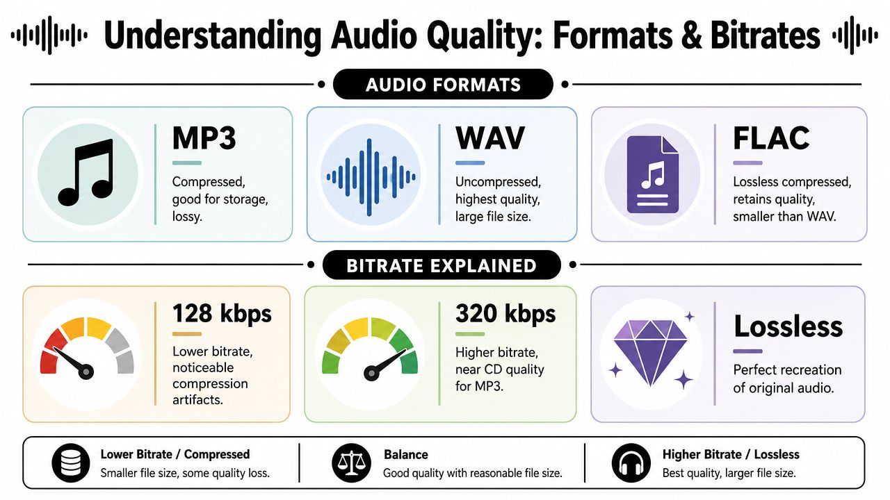An infographic explaining different audio formats and bitrates, comparing MP3, WAV, and FLAC for file quality.