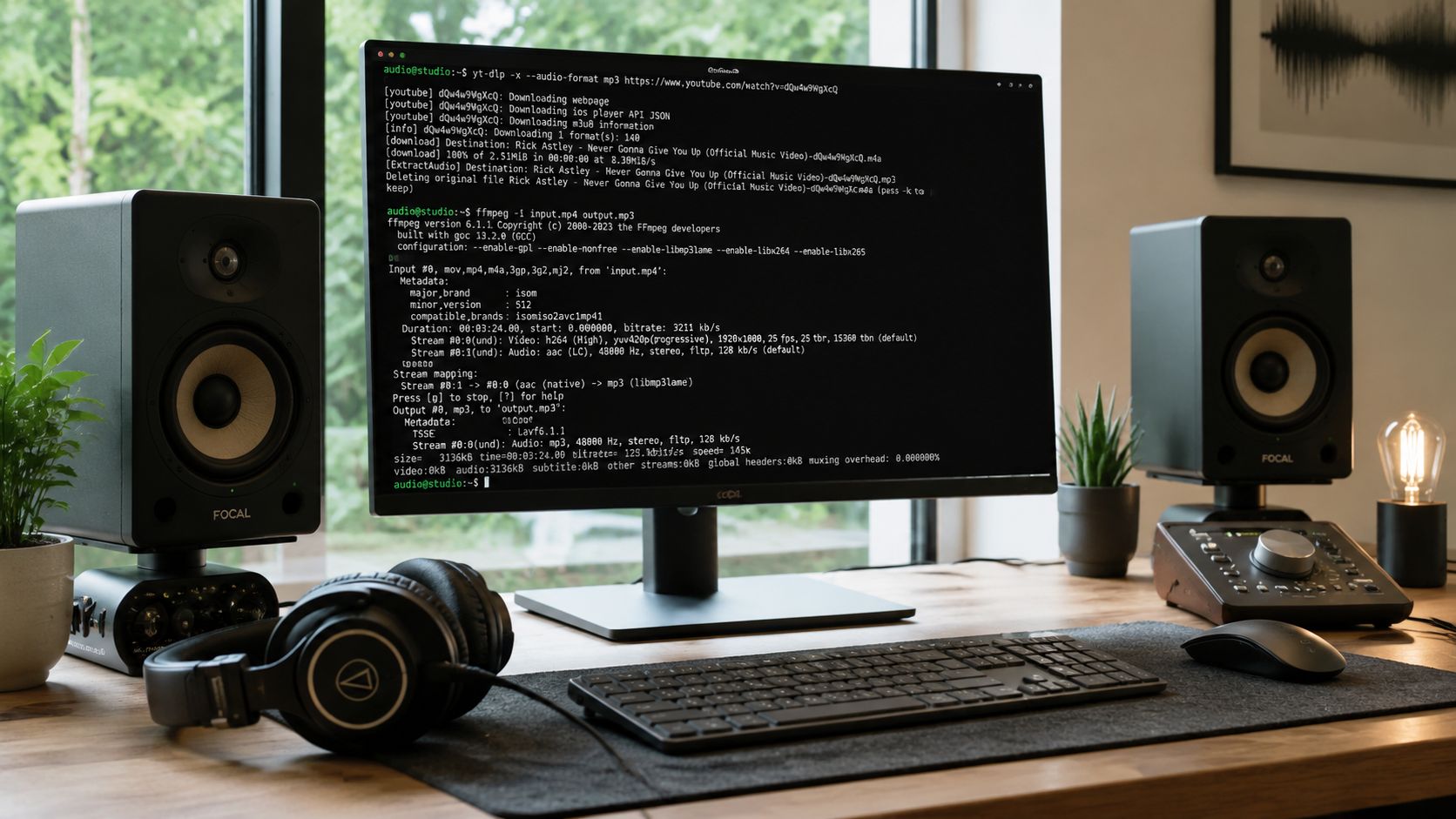 A professional audio studio desk with a computer monitor displaying code for extracting audio from YouTube videos.