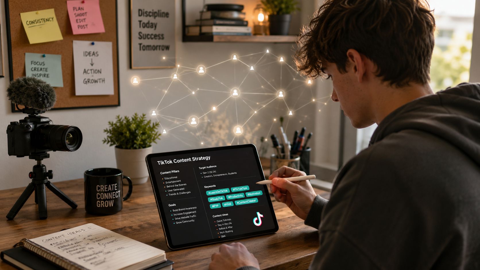 A young content creator planning a TikTok strategy on a tablet in a well-organized creative workspace.