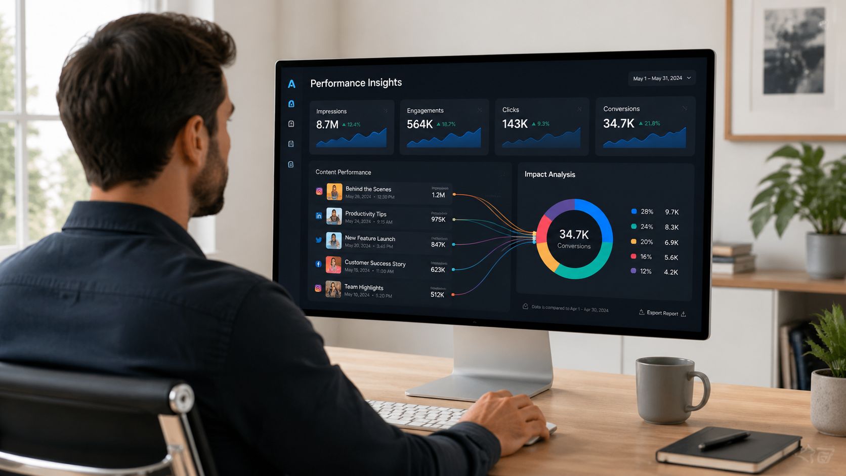 A professional man working on a computer screen displaying social media analytics and performance insights dashboard.