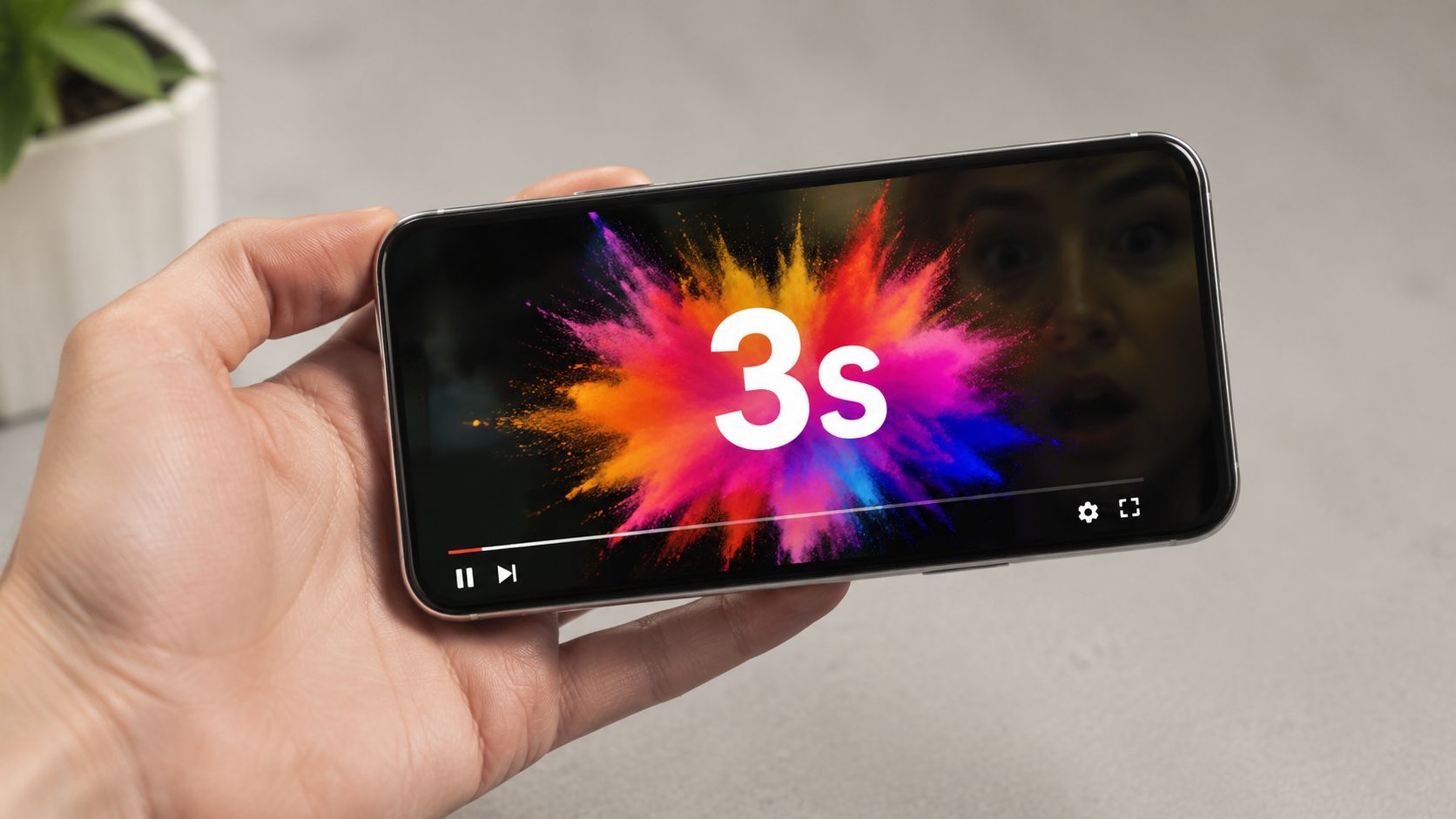 A person holding a smartphone displaying a video with a colorful powder explosion and a three-second countdown.