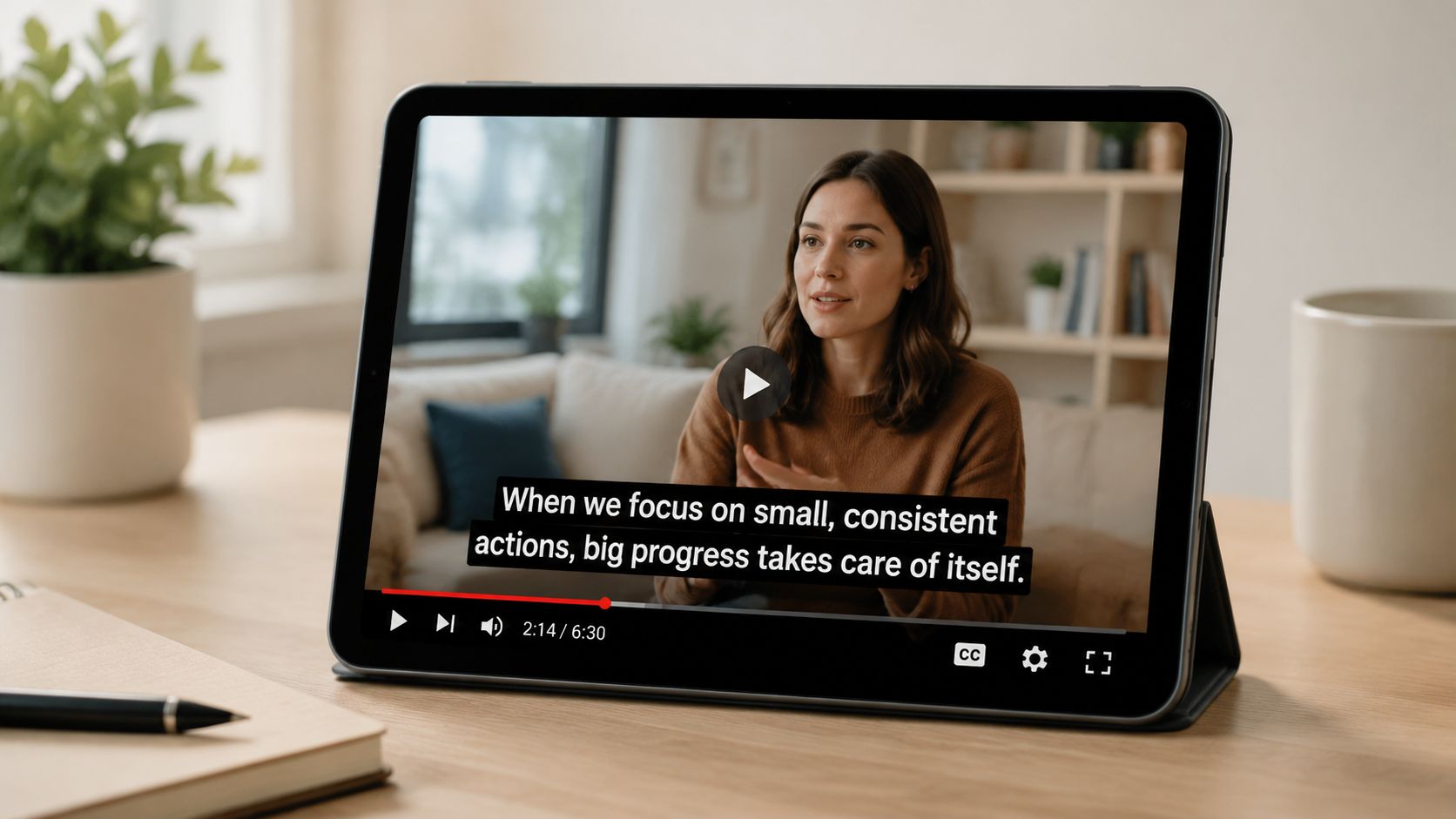 A digital tablet displaying a motivational video on a wooden desk with a notebook and pen.