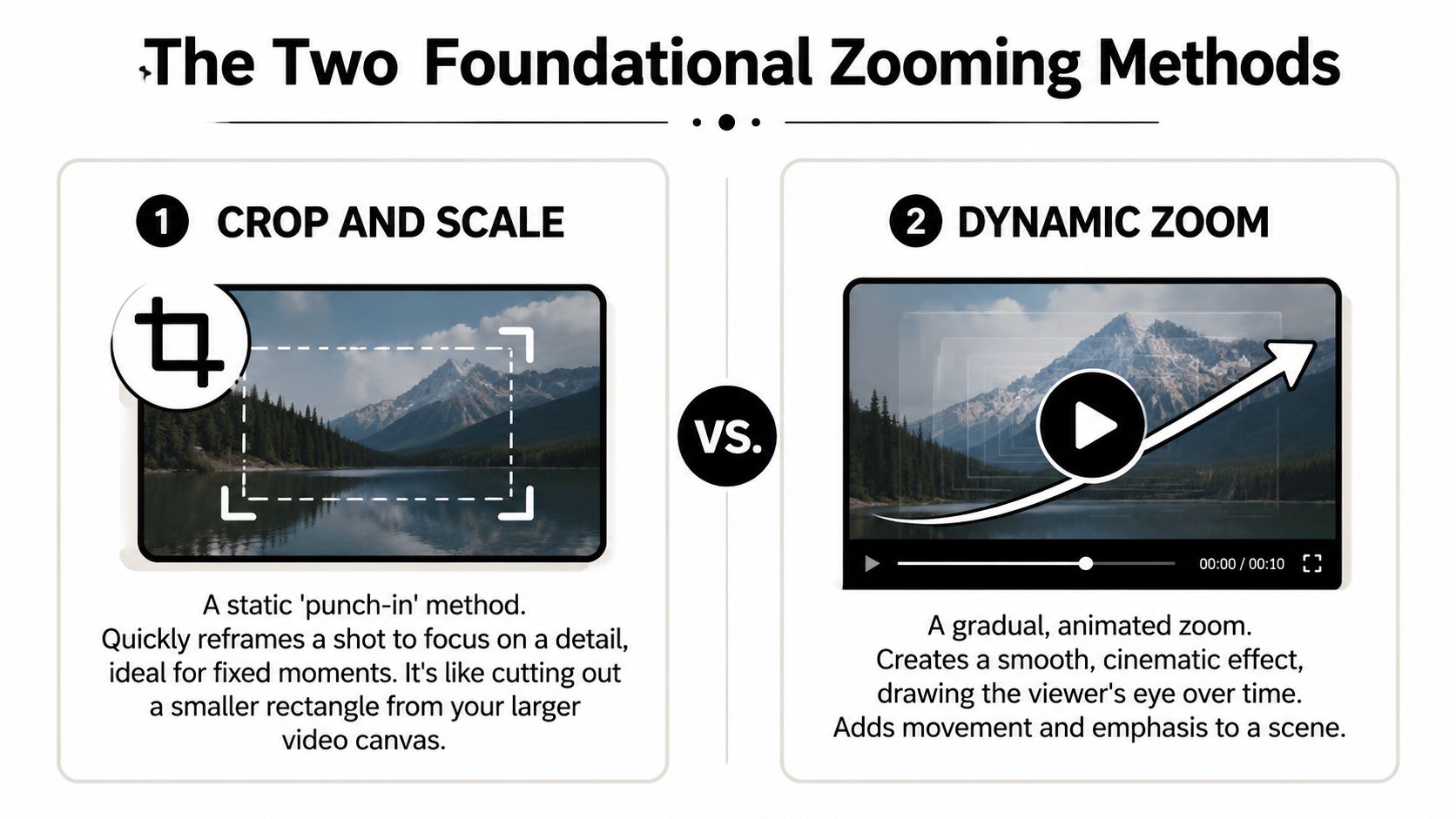 An infographic comparing static crop and scale versus dynamic zoom methods for video editing techniques.