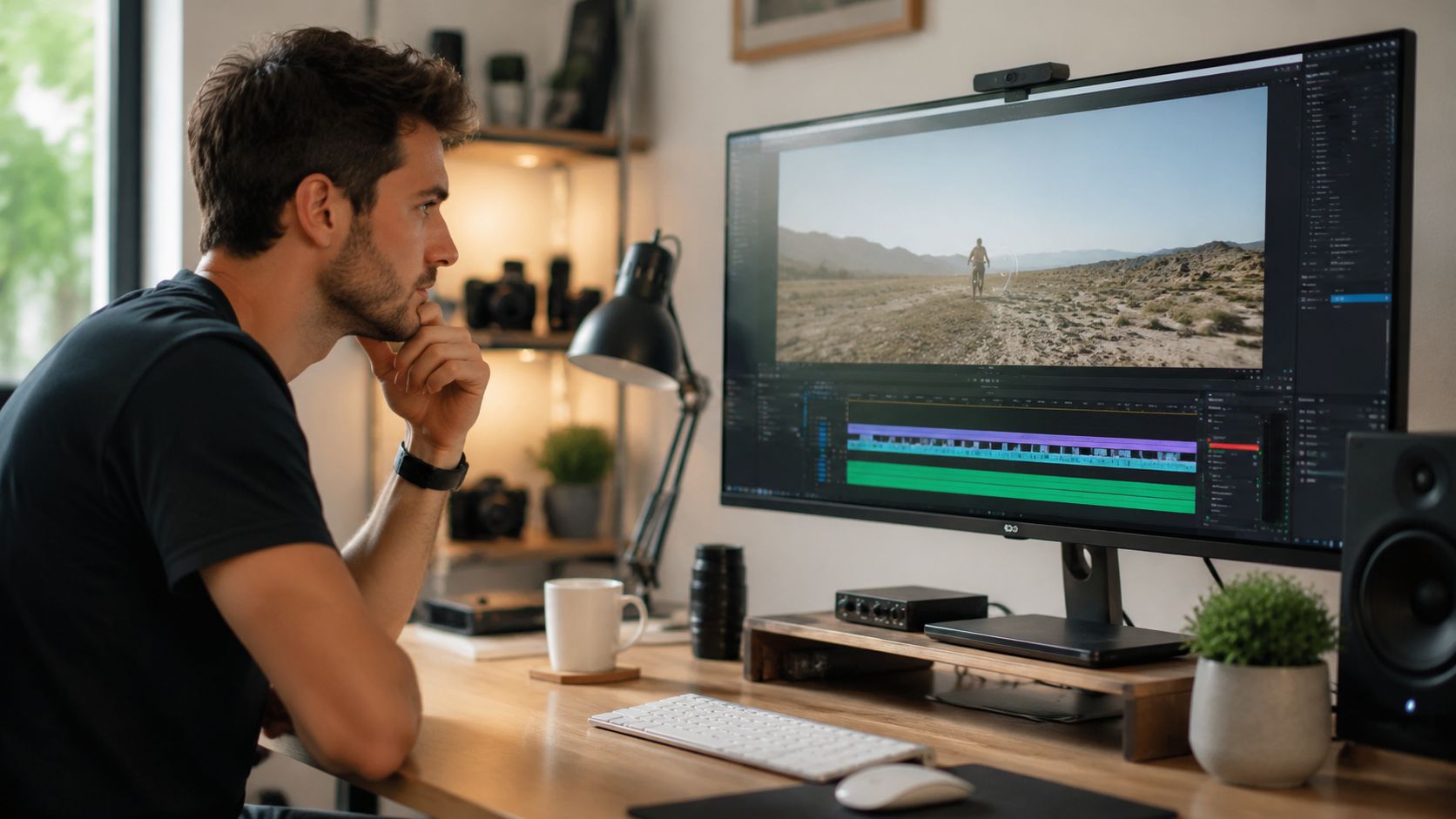 A professional video editor focused on his work while editing footage on a wide computer monitor.