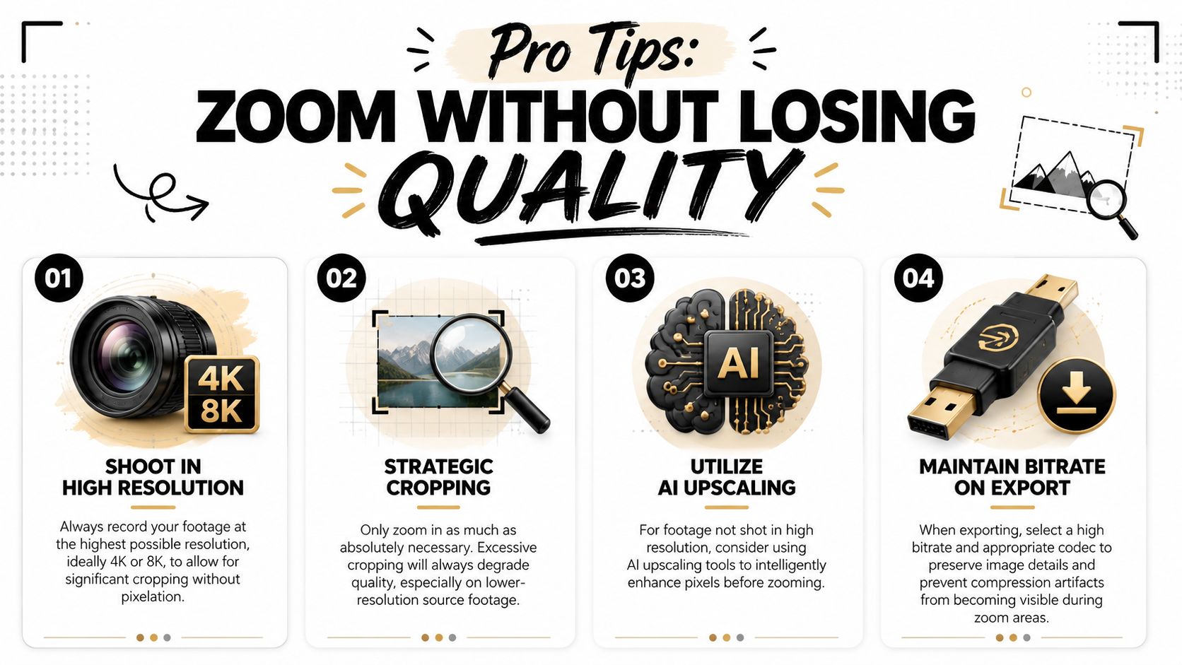 An infographic titled Pro Tips: Zoom Without Losing Quality, offering advice on video editing techniques for cropping.