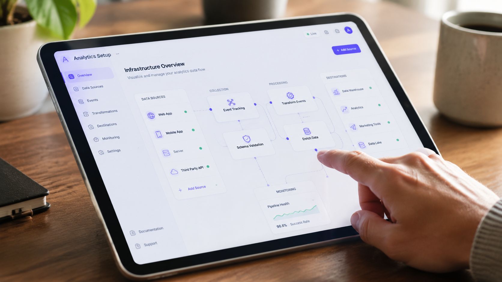 A person interacting with an analytics dashboard on a tablet to manage data infrastructure and event tracking.