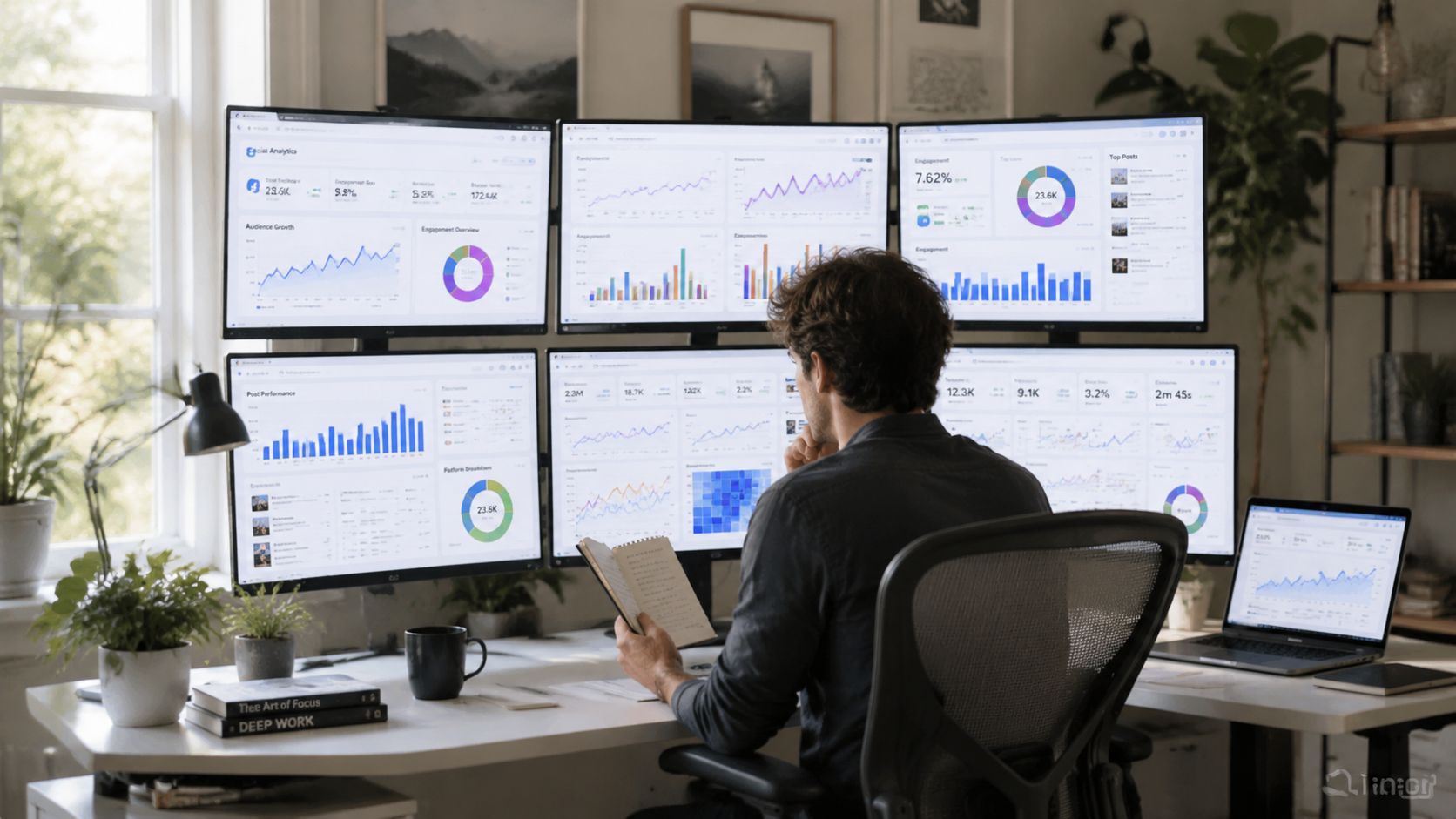 A person sitting at a desk with multiple monitors analyzing social media metrics and performance data.
