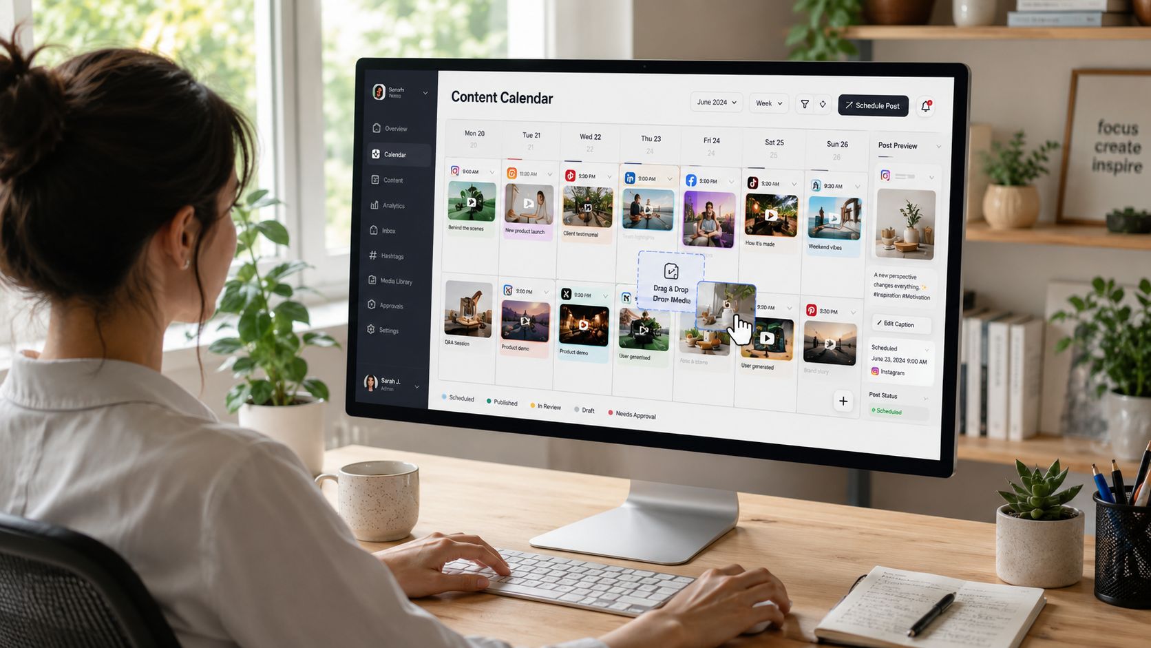 A woman using social media planner software on her computer to manage a content calendar interface.