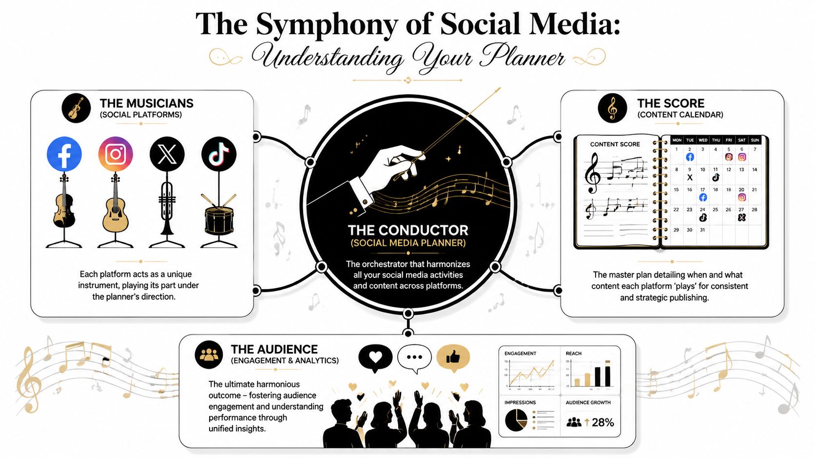 An infographic titled The Symphony of Social Media comparing social media planning to a musical orchestra.