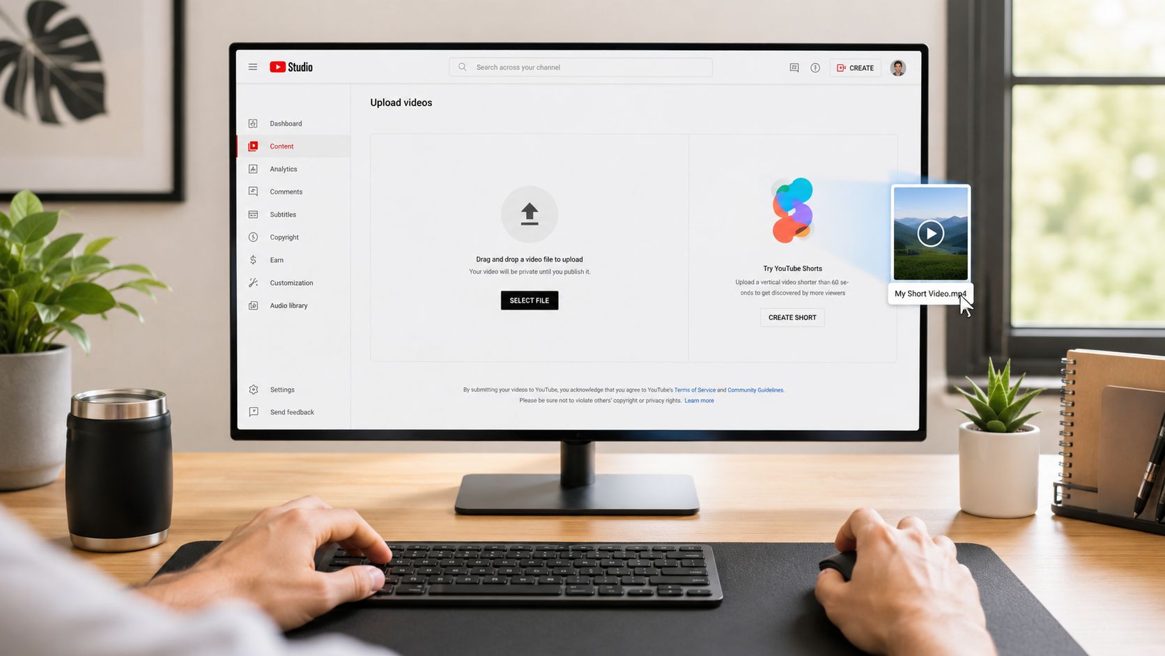 A person using a computer to upload a short video file to the YouTube Studio platform.