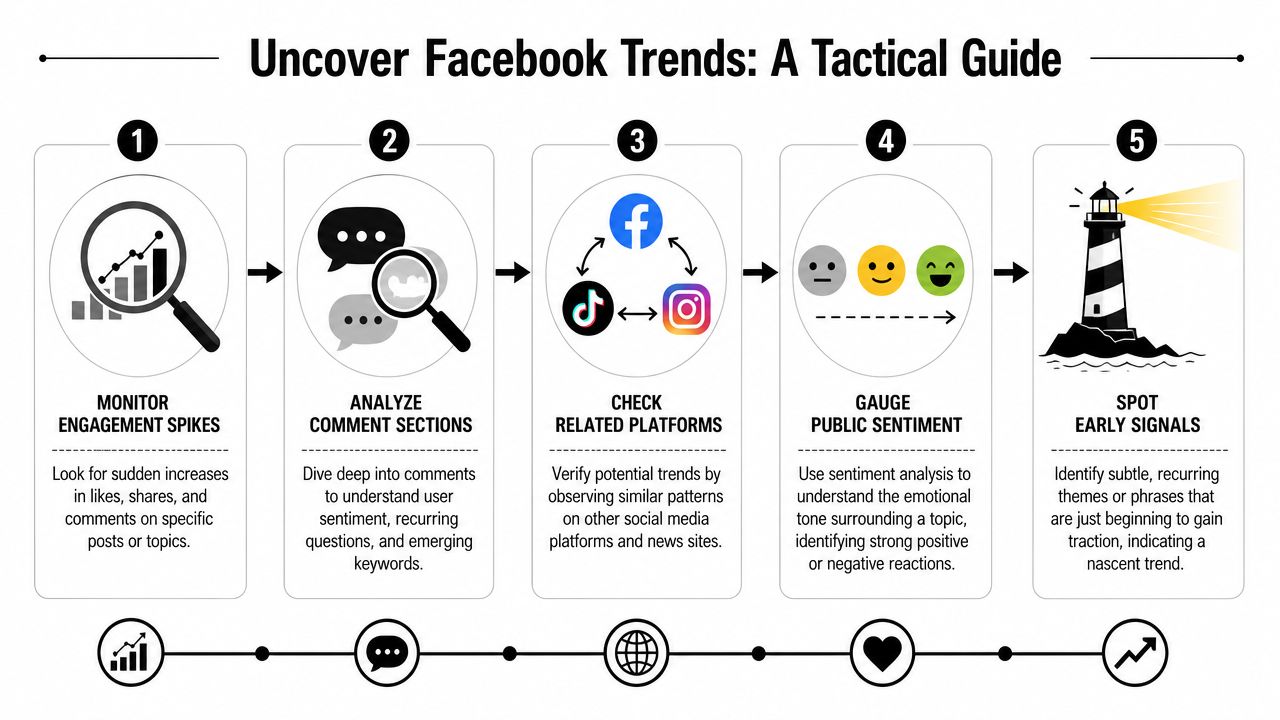 A tactical infographic showing five numbered steps to identify and analyze emerging trends on Facebook.