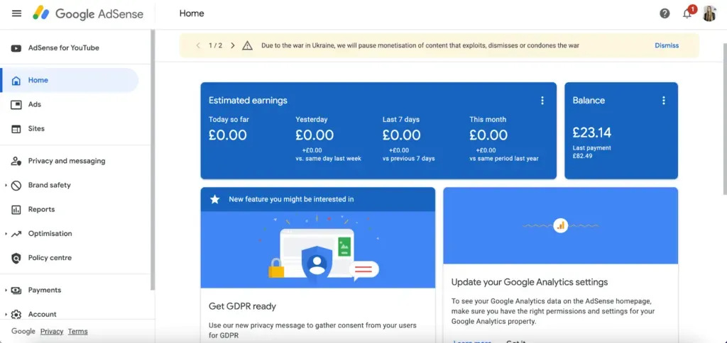 Google AdSense dashboard, showcasing various metrics and options available for website owners to monetize their content through targeted advertisements.