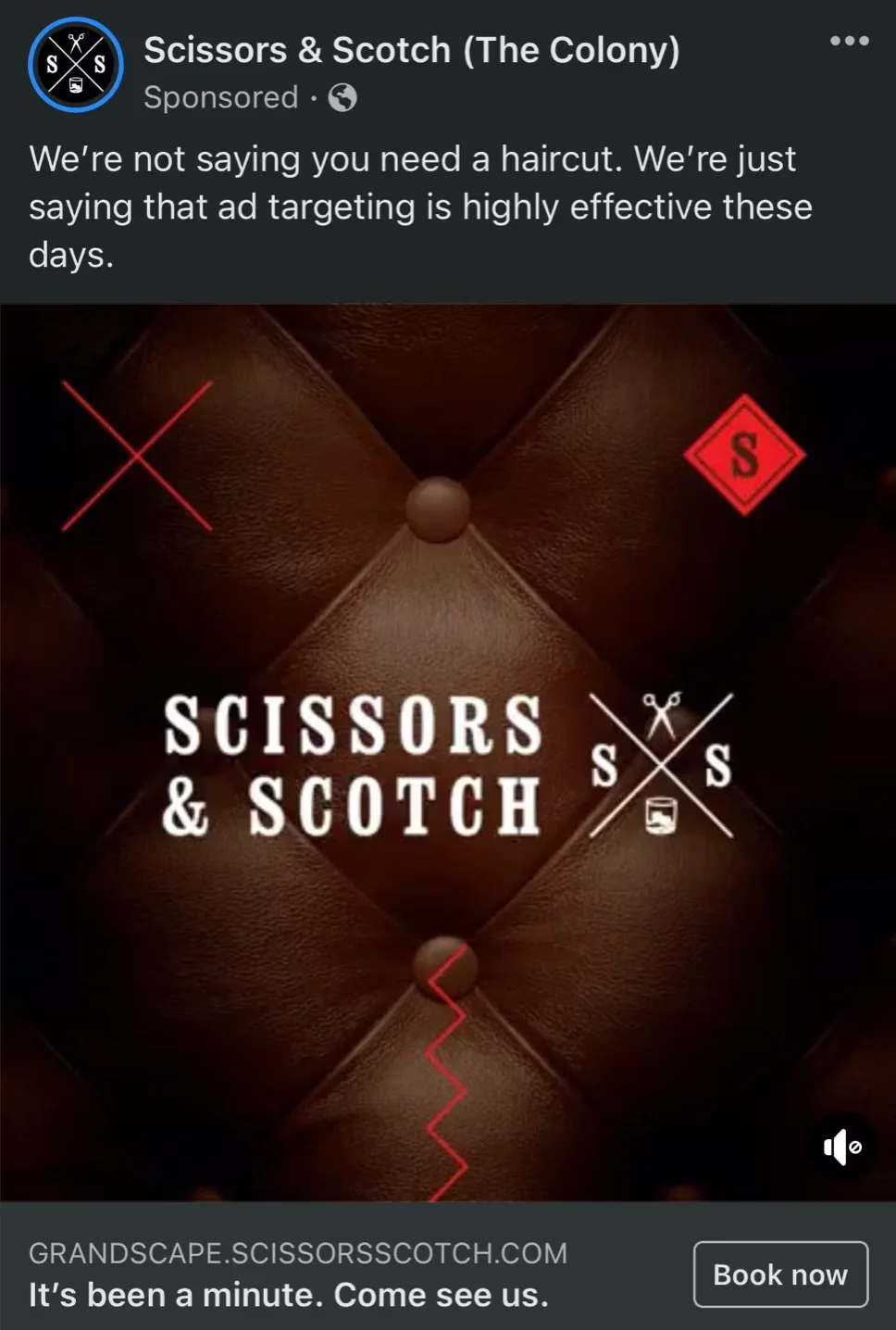 A self-aware Facebook ad from Scissors and Scotch, showcasing their luxury men